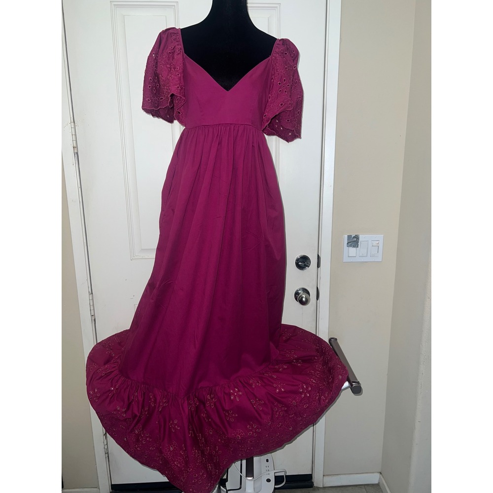 Magenta Eyelet Cotton Vacation Luncheon Poplin Maxi Dress Puff Sleeve Ruffle Hem